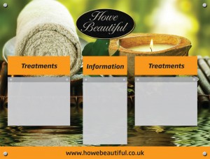 Spa Information Board with 2 A4 landscape and 1 A4 portrait acrylic poster holders